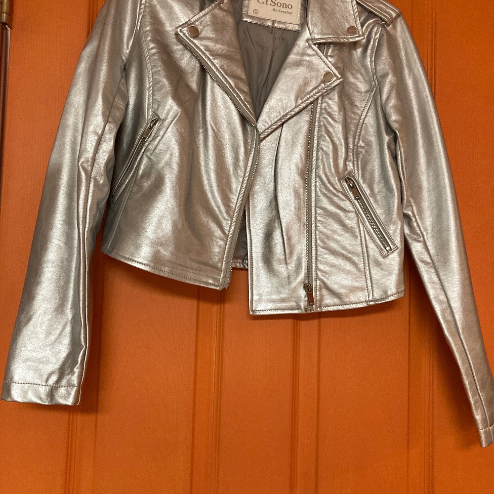 Ci Sono Silver Faux Leather Bomber Jacket Sz S